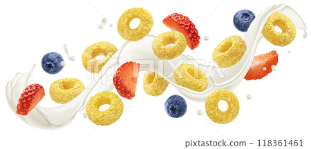Flying corn rings with milk splash, blueberry and strawberry slices isolated on white background with clipping path 118361461
