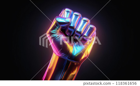 Metallic fist with iridescent sheen. Raised fist. Image of assertion of rights or will. Dark black background. 118361656