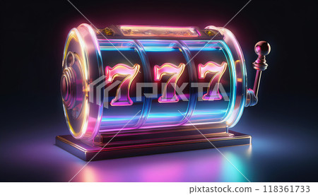 Rainbow neon glowing slot machine drums. Gambling and casino image. Dark black background. 118361733