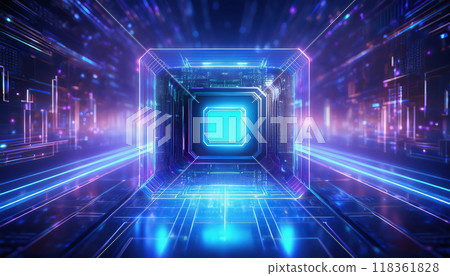 高規格 CPU 的影像。在網路空間中，重點是由發光電子電路所構成的視角 118361828