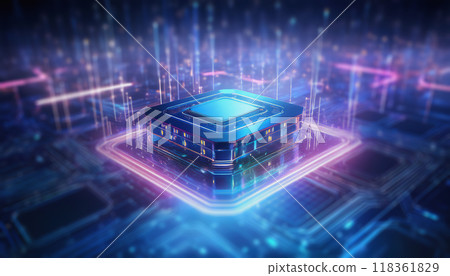 The image is of a high-spec CPU performing advanced calculations. A large number of semiconductors are lined up on a board, and the processor that processes the data shines on the board. 118361829