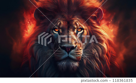 一頭目光銳利的獅子,全身散發著熊熊火焰的氣息。狂野的力量、勇氣、自信和挑戰的形象。 一頭目光銳利的獅子,全身散發著熊熊火焰的氣息。狂野的力量、勇氣、自信和挑戰的形象。 118361835