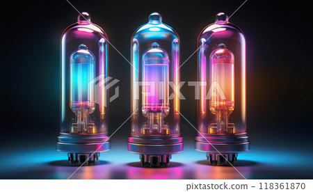 Three iridescent vacuum tubes on a dark black background. 118361870
