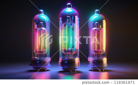 三個發出彩虹色光芒的真空管。深黑色背景。 118361871