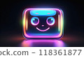 Iridescent shiny metallic 3D cute robot face icon on dark black background. 118361877