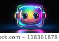 Rainbow glossy translucent three-dimensional cute robot face icon on a dark black background. 118361878