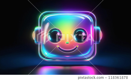 Rainbow glossy translucent three-dimensional cute robot face icon on a dark black background. 118361878