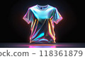 Iridescent shiny metallic 3D t-shirt on a dark black background. 118361879
