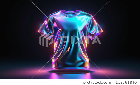 Iridescent shiny metallic 3D t-shirt on a dark black background. 118361880