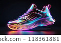 Iridescent shiny metallic three-dimensional running shoes or sneakers on a dark black background. 118361881
