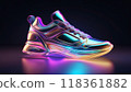 Iridescent shiny metallic three-dimensional running shoes or sneakers on a dark black background. 118361882