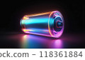 Iridescent shiny metallic 3D battery icon. Image of new technology and solutions for rechargeable batteries. 118361884