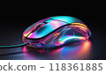 A metallic, three-dimensional wired gaming mouse with an iridescent sheen. Dark black background. 118361885