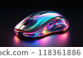 A metallic, 3D wireless gaming mouse with an iridescent sheen and a dark, black background. 118361886