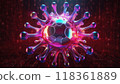Image of computer virus, malware, ransomware. Rainbow metallic shiny virus on red 118361889