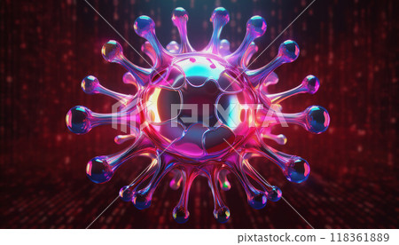 Image of computer virus, malware, ransomware. Rainbow metallic shiny virus on red 118361889