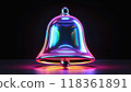 Iridescent shiny metallic 3D bell icon. Notification or announcement image. Dark black background. 118361891