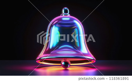 Iridescent shiny metallic 3D bell icon. Notification or announcement image. Dark black background. 118361891