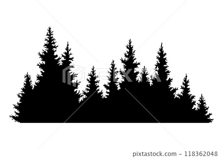 Fir trees silhouette. Coniferous spruce horizontal background pattern, black evergreen woods vector illustration. Beautiful hand drawn panorama of coniferous forest Fir trees silhouette. Coniferous spruce horizontal background pattern, black evergreen woods vector illustration. Beautiful hand drawn panorama of coniferous forest 118362048
