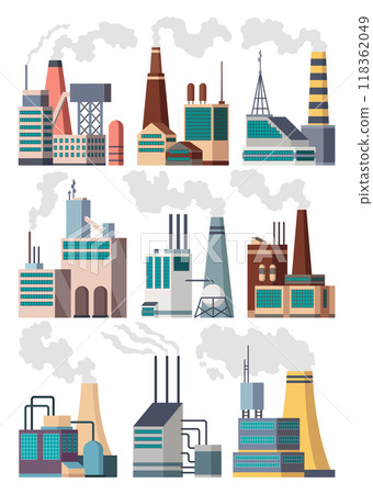 Icon set of industrial factory. Manufactory industrial buildings refinery factorys or nuclear power stations. Complex of chemical plants buildings isolated on white background 118362049