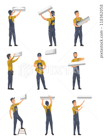 Air conditioner service technician working, set of flat vector illustrations isolated on white background. Cooling system repair, cleaning, maintenance and installation. Air conditioner service technician working, set of flat vector illustrations isolated on white background. Cooling system repair, cleaning, maintenance and installation. 118362058