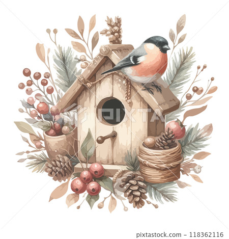 Watercolor birdhouse with bullfinch winter illustration. Watercolor birdhouse with bullfinch winter illustration. 118362116