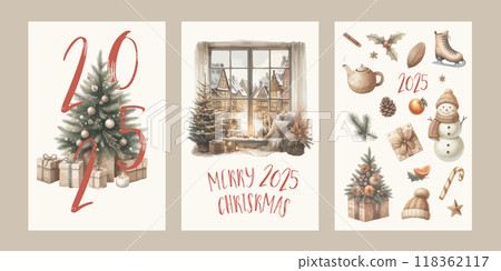 Merry Christmas and happy new year watercolor posters. Cozy Christmas interior and winter countryside landscape. Merry Christmas and happy new year watercolor posters. Cozy Christmas interior and winter countryside landscape. 118362117