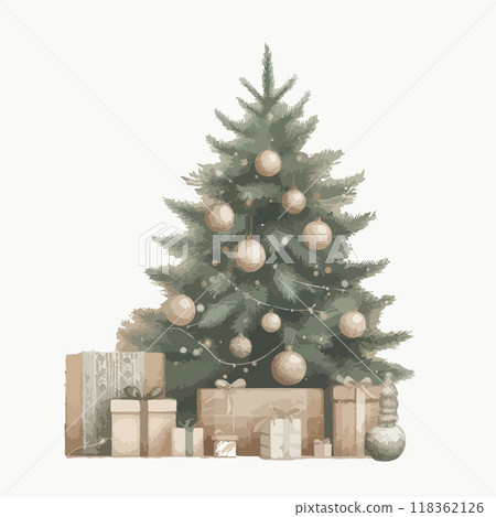Merry Christmas and happy new year watercolor poster. Cozy Christmas tree. 118362126