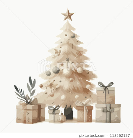 Merry Christmas and happy new year watercolor poster. Cozy Christmas tree. 118362127