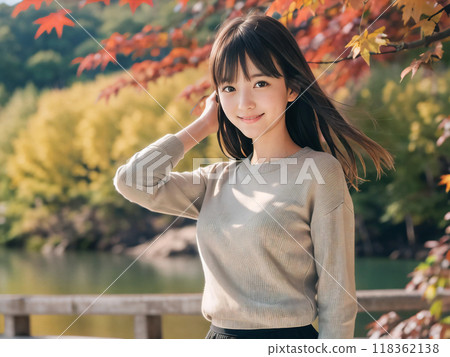 Autumn leaves landscape and smiling young woman 118362138