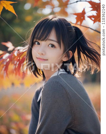 Autumn leaves landscape and smiling young woman Autumn leaves landscape and smiling young woman 118362140