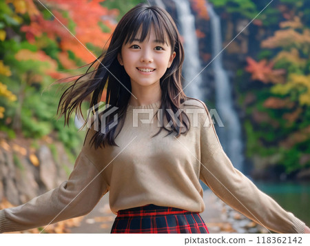 Autumn leaves landscape and smiling young woman Autumn leaves landscape and smiling young woman 118362142