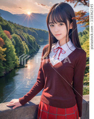 Autumn leaves landscape and smiling young woman 118362145