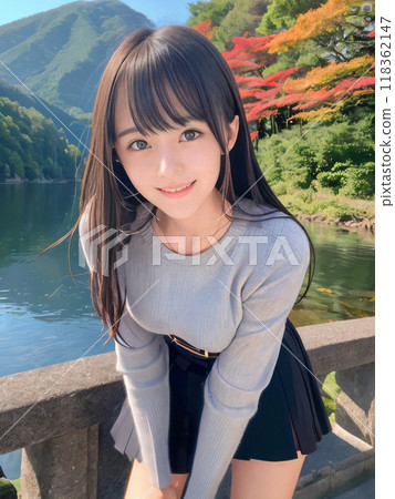 Autumn leaves landscape and smiling young woman Autumn leaves landscape and smiling young woman 118362147