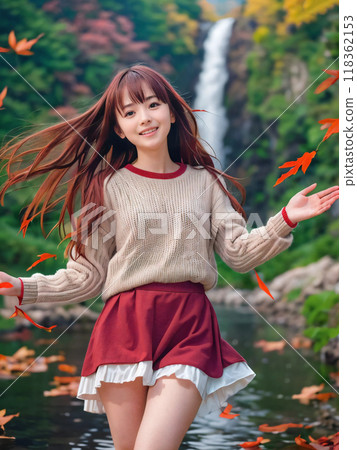 Autumn leaves landscape and smiling young woman Autumn leaves landscape and smiling young woman 118362153