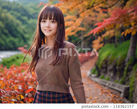Autumn leaves landscape and smiling young woman Autumn leaves landscape and smiling young woman 118362157