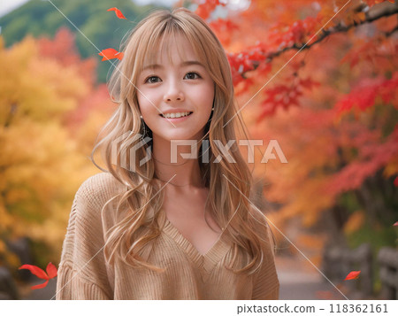 Autumn leaves landscape and smiling young woman Autumn leaves landscape and smiling young woman 118362161