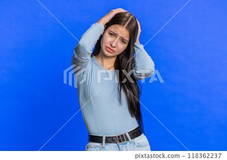 Young sad woman loses becoming surprised by lottery results, bad fortune, loss, unlucky fortune news 118362237