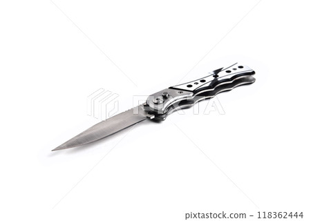 silver folding knife on a white background close-up silver folding knife on a white background close-up 118362444