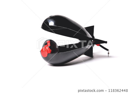 black fishing feeder rocket for feeder fishing white background close-up black fishing feeder rocket for feeder fishing white background close-up 118362448