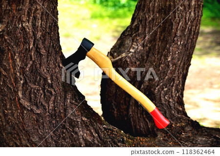 a beautiful-shaped ax sticks out in a tree, with a yellow handle close-up, on a natural background a beautiful-shaped ax sticks out in a tree, with a yellow handle close-up, on a natural background 118362464