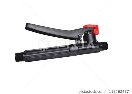 black watering hose connector With red latch isolate close-up black watering hose connector With red latch isolate close-up 118362487