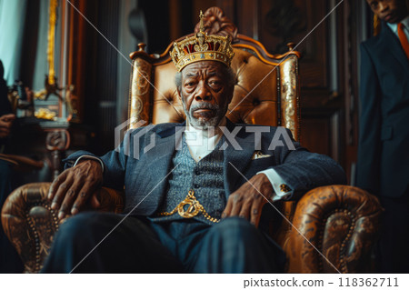 Stately black businessman in a golden crown exudes authority from his majestic throne-like chair amidst a lavish office setting 118362711