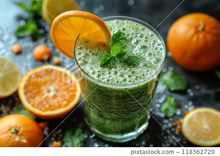 A vibrant green smoothie garnished with citrus slices and mint, healthy lifestyle and organic food concept 118362720