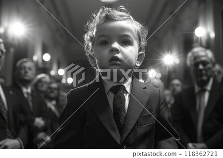 Baby boy dressed in a miniature business suit walking along the hallway past his subordinates, heir to the business empire 118362721