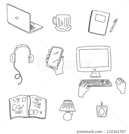 適用於辦公桌、電腦、工作、智慧型手機的簡單線條繪圖圖示集 118362767