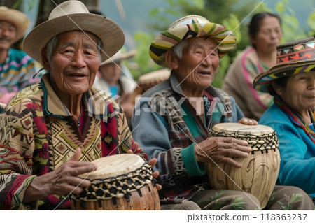 People enjoy traditional music and dancing in traditional costumes People enjoy traditional music and dancing in traditional costumes 118363237