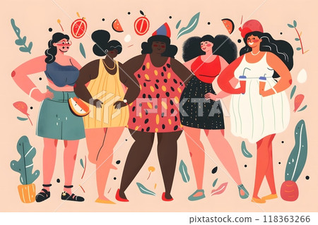People with different body types confidently enjoy life, an interracial group of people 118363266