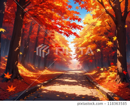 一條被路邊樹木和秋葉包圍的道路 118363585