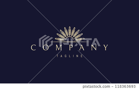 Vector golden logo with an abstract image of the sun where there are ears of wheat instead of rays. Vector golden logo with an abstract image of the sun where there are ears of wheat instead of rays. 118363693